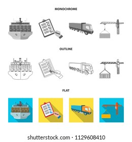 Sea freight, signature of delivery documents, truck, tower crane with a container. Logistics and delivery set collection icons in flat,outline,monochrome style isometric vector symbol stock