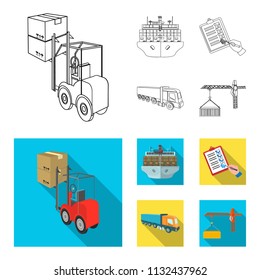 Sea freight, signature of delivery documents, truck, tower crane with a container. Logistics and delivery set collection icons in outline,flat style isometric vector symbol stock illustration web.