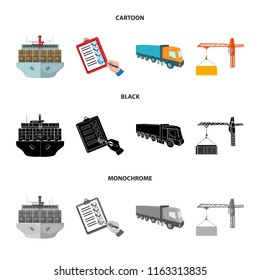 Sea freight, signature of delivery documents, truck, tower crane with a container. Logistics and delivery set collection icons in cartoon,black,monochrome style isometric vector symbol stock