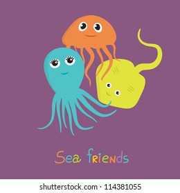 Sea  friends. Cute cartoon design with ocean animals - octopus, jellyfish and ramp.