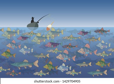 Sea full of fish. A fisherman sits in a boat and wants to catch a fish. Vector illustration.