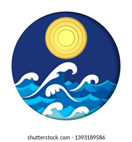 Sea and full moon vector illustration in papercut style artwork.