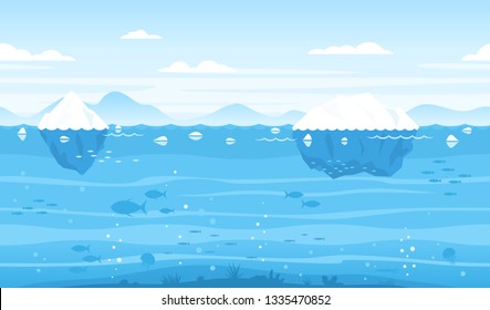 Sea game background with islands and underwater life tileable horizontally