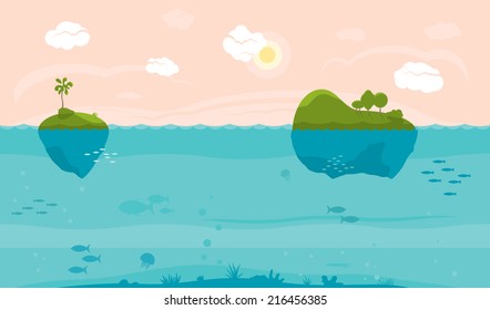 Sea Game Background With Islands And Underwater Life