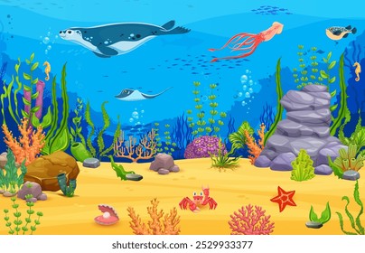 Sea game map, underwater landscape with a variety of marine life, including a seal, stingray, squid, pufferfish, seahorses, crab and vibrant coral reefs at sandy ocean floor with rocks and sea plants