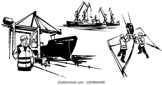 Sea gantry and jib cranes at the port. Docker brigadier with walkie-talkie. Dockworkers at a container terminal in the harbour. Vector set of black figures on a white background.