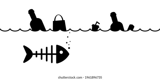 Sea Garbage. No trash, no plastic bottles or bag pollution in ocean or sea. Fishbone print. Fish line pattern. Vector sea, ocean or water animal sign. Fish bones skeleton sign. Save the water day.  