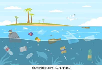 Sea garbage. Plastic trash floating in water. Seascape with polluted ocean and tropical island. Ecosystem destruction. Marine animals swim among debris. Vector environmental problem