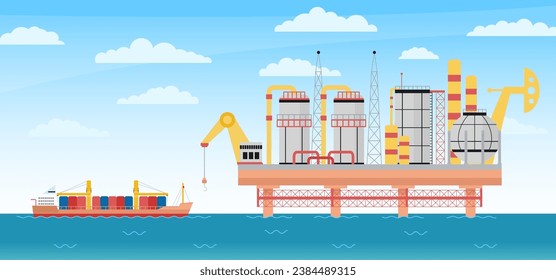 Konzept der Seegasindustrie. Ölförderung und Bohrtechnik. Tanker mit Lagerstätten im Ozean Ansätze zu Bohrplattform. Anständige Vektorgrafik der Industrie