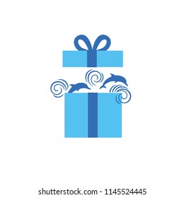 Sea as a gift. Vector illustration. Dolphins in a gift box, surprise, metaphor of tourism. Logo for a travel company.