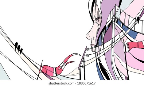 sea ​​travel, a girl dreams of waves, sails and ships, the soul calls to travel, vector graphics on an isolated background
