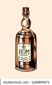 Sea glass bottle of rum. Nautical or marine alcohol, ocean drink of pirates and sailors. Hand drawn monochrome retro engraved old sketch. Vector illustration for tattoo or emblems.
