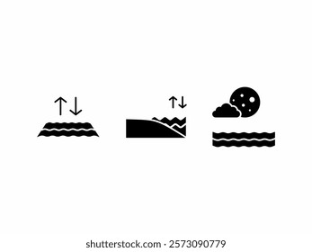 
sea ​​tide glyp design icon,
Three tide symbols representing rising, falling, and nighttime water levels. Ideal for illustrating tidal patterns or oceanrelated concepts in designs.
