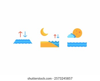 sea ​​tide glyp design icon,
Three tide representations for day, night, high, low water levels. Suitable for educational materials, weather forecasts, marinerelated projects.