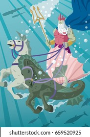 The sea god Poseidon driving his chariot through his estates.