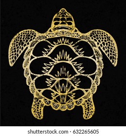 Sea gold turtle in tattoo style. Hand drawn vector illustration. Postcard for Turtle day.