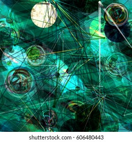 Sea green background. Abstract seamless texture with stripes and circles. Chaotic pattern