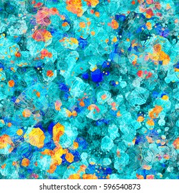 Sea Green And Blue Seamless Texture With Red, Orange, Yellow Inclusion. Abstract Vector Background. Grunge Pattern With Watercolor Effect
