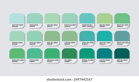 Paleta de color verde marino, Paleta de guía de color verde marino con nombres de color. Catálogo Muestras de Verde con códigos RGB HEX y Nombres. Vector verde claro de la paleta de los Colores, color verde marino de la tendencia de la moda