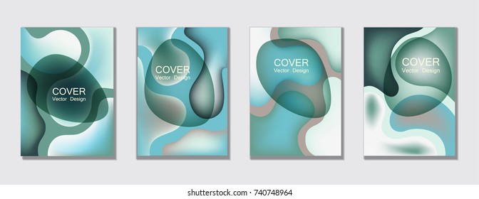 Sea green Fluid color covers set trendy vector design for business brochure, booklet, flyer. Colorful bubble shapes composition with gradients. Brochure cover design future geometric A4 templates.