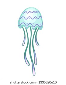 Sea green jellyfish with pattern. Tropical underwater animal. Medusa aquatic organism, cartoon style design. Flat vector illustration isolated on white background.