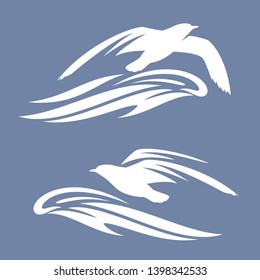 sea gull bird flying above ocean wave - vector silhouette design