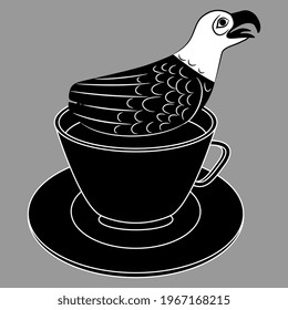 Sea gull bird sitting in a cup of tea or coffee. Creative funny beverage concept. Monochrome black and white silhouette on gray. 