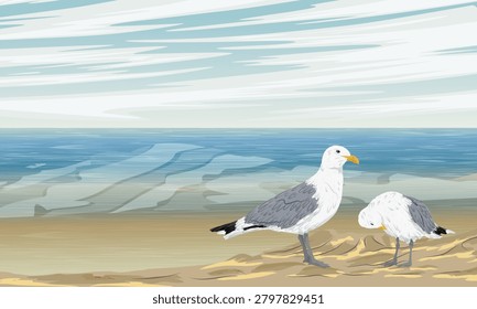 Sea gull bird vector illustration. Cute seagull characters standing on sandy beach shore with blue ocean water background. Marine coastal wildlife animal nature landscape scene