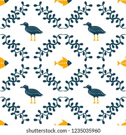 Sea gull, fish and floral water plant simple styling print. Two color. Print for kids t-shirt and sea style souvenirs. Seamless pattern white background