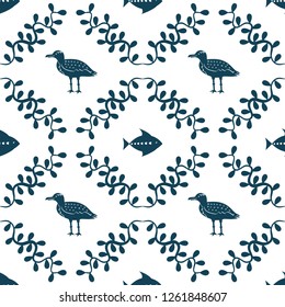 Sea gull, fish and floral water plant simple styling print. Two color. Print for kids t-shirt and sea style souvenirs. Seamless pattern white background