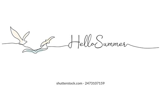 Sea gull are hand drawn. Line drawing of a continuous line. Single line drawing for summertime design. Hello summer