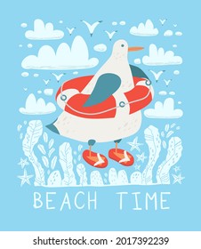 Sea gull in lifebuoy Funny vector illustration Hand-drawn bird in cartoon style Isolated cute character Sea character animal Beach summer mood Funny postcard design