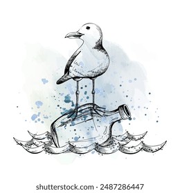 A sea gull on a bottle floats on the waves. Illustration hand-drawn in graphics. EPS vector. Isolated composition on a white background With watercolor spots blue