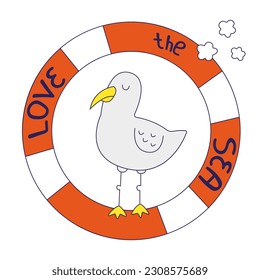 sea gull on a life ring. love the sea. Doodle style. vector