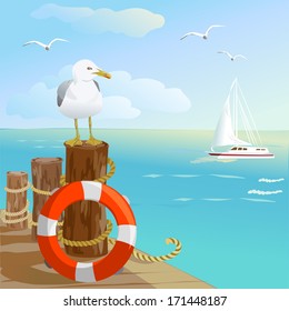 Sea, Gull, Pier, And Lifebuoy. Vector Illustration