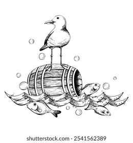 A sea gull swims through the waves with fish and bubbles on a wooden barrel. Graphic linear drawing, hand drawn in black and white monochrome. nautical. Composition