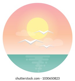 sea gulls with morning sun and ocean flat design icon