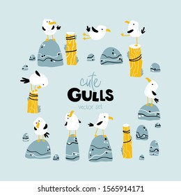 Sea gulls set. Childish vector illustration in cartoon Scandinavian style. Birds on the beach, on stones, on fishing poles.