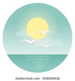 sea gulls with sun and ocean flat design icon
