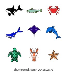 Sea habitants cartoon icon set isolated vector sticker clip art ocean animal fish dolphin shark starfish whale turtle crab shrimp flat colorful graphic emblem