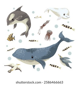 Sea habitants such as fishes, jellyfishes etc. Vector