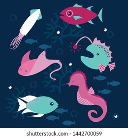 
sea ​​creatures in the habitat: slope, fish, octopus