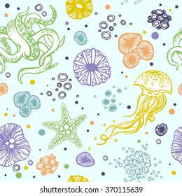 Sea hand drawn seamless pattern. Colorful background.