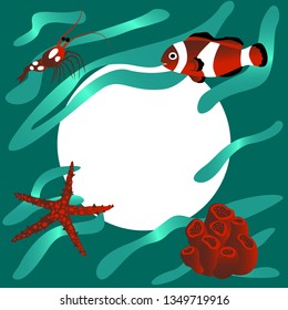 Sea hand drawn vector illustration. There are clown fish, shrimp, starfish and sponge on the gradient background.