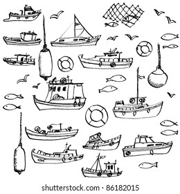 Sea and hand-drawn boat set