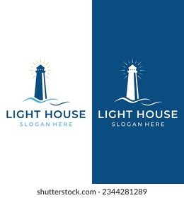 Sea harbor lighthouse tower building creative logo with spotlights vintage vector template.