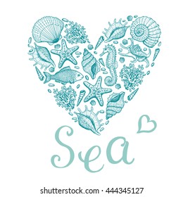 Sea heart. Original hand drawn illustration in vintage style