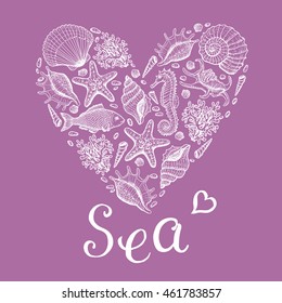 Sea heart. Original hand drawn illustration in vintage style