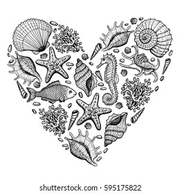 Sea heart. Original hand drawn illustration in vintage style