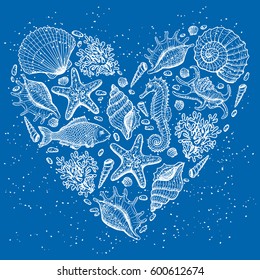 Sea heart. Original hand drawn illustration in vintage style